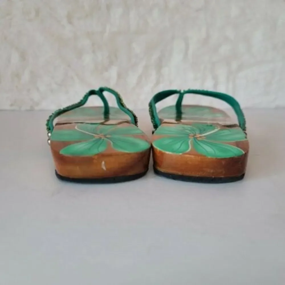 Hand Painted Wooden Sandals Green Floral Pattern Decor